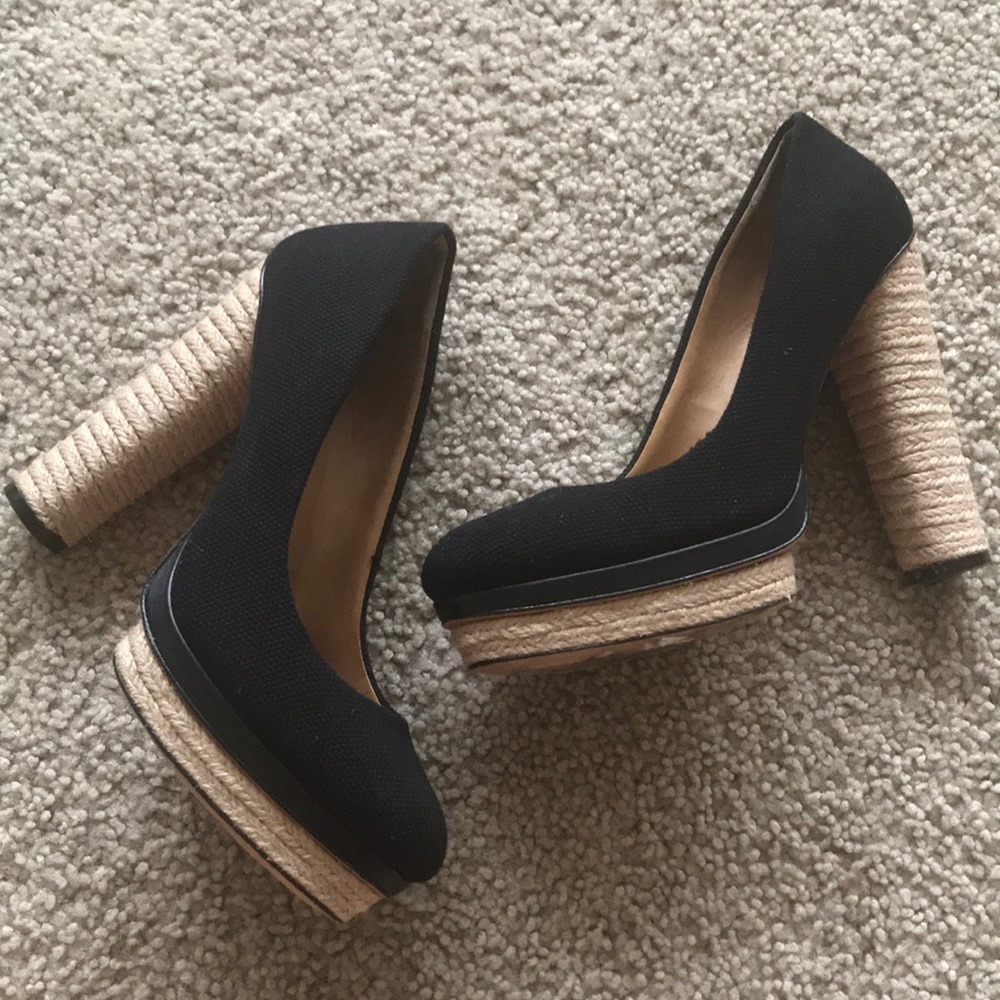 Ann Taylor black Linen Stacked Platform Heel